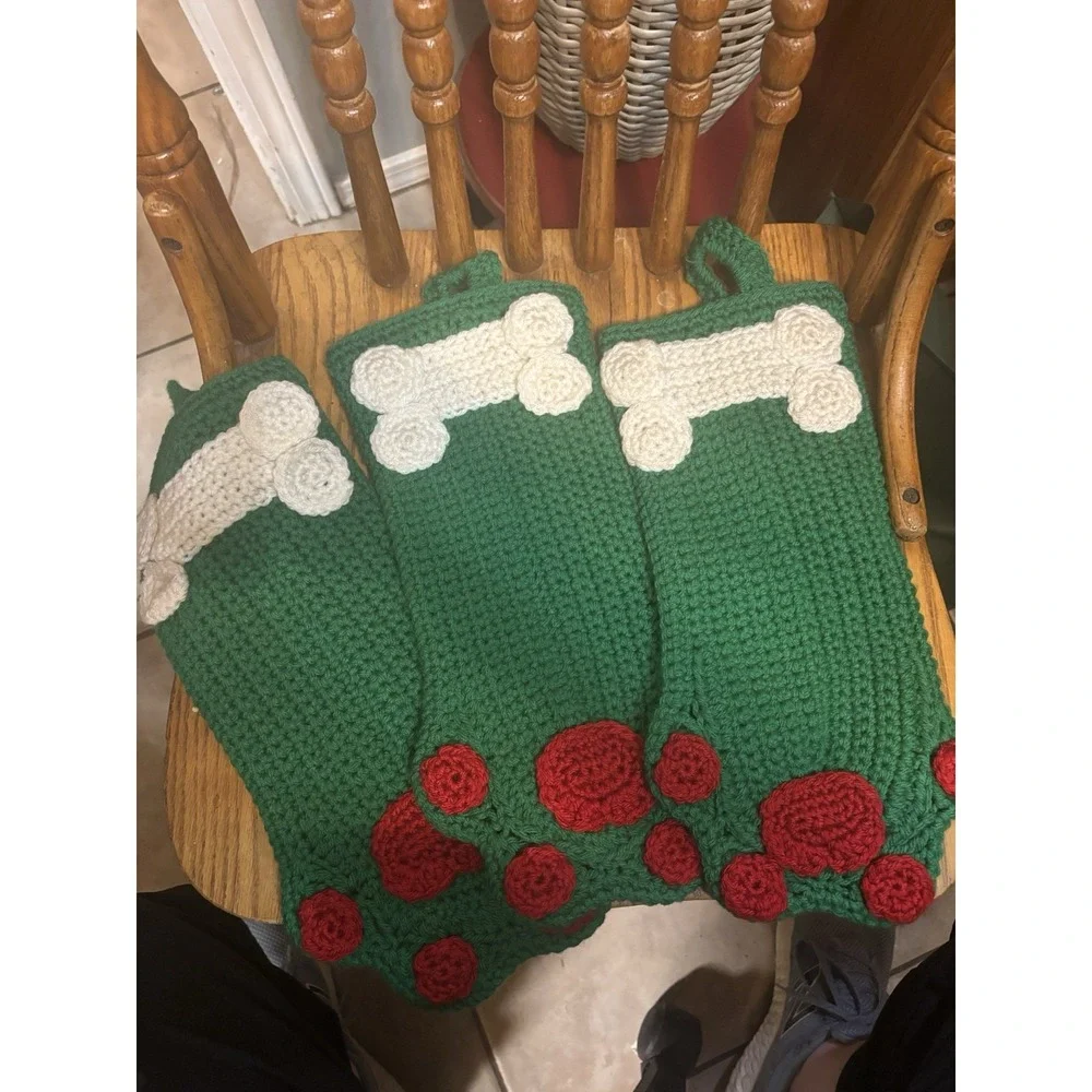 Hand Crocheted Pet Stocking In Shape Of A Pet Paw With Hanger Set If 3 Green Red